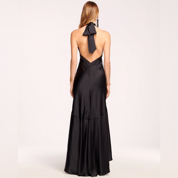 Ramy Brook Tera Ruffled Halter Gown Ruffle Satin Low Back Tie Black 14 High Neck - Picture 5 of 13